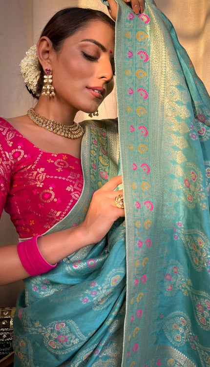 Sky Blue Banarasi Soft Silk Saree