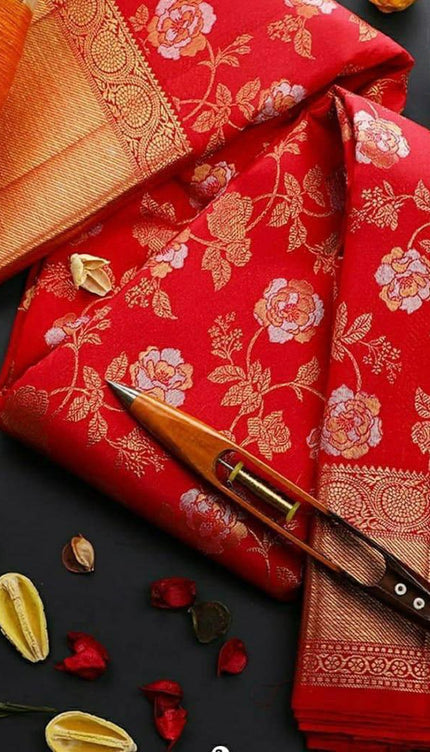 Cantaloupe Red Banarasi Silk Saree