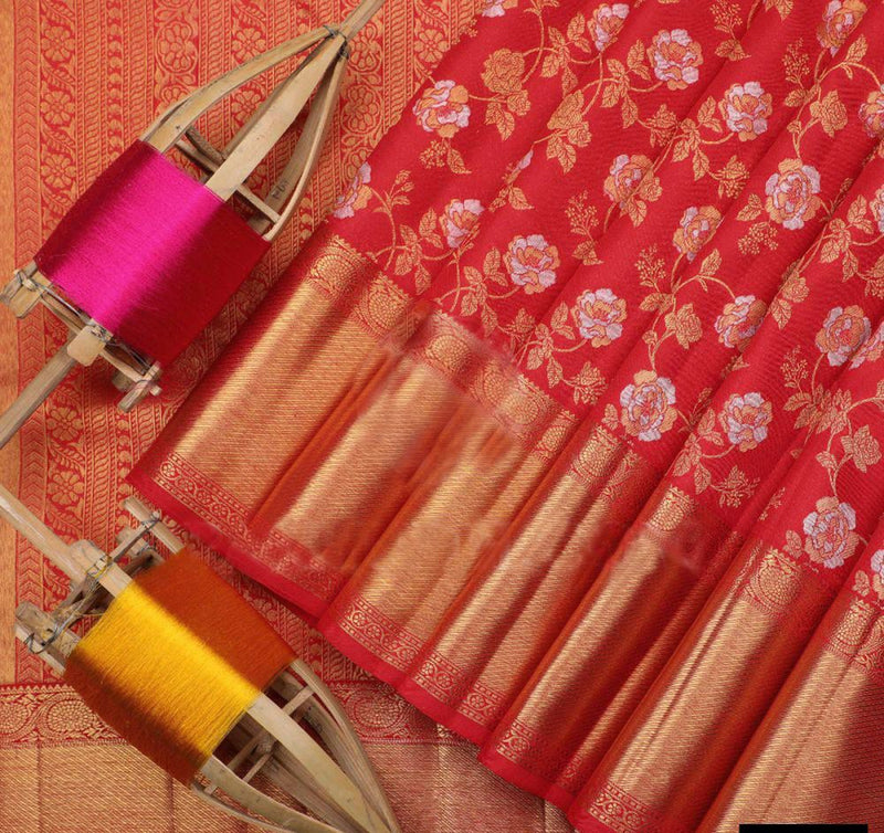 Cantaloupe Red Banarasi Silk Saree