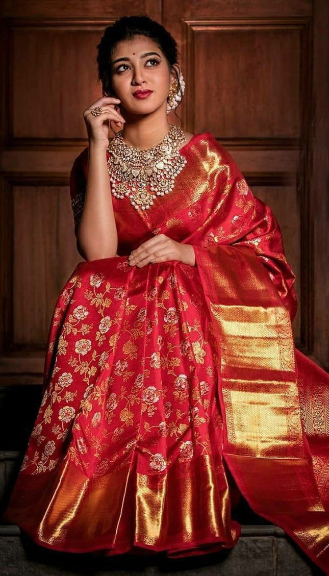 Cantaloupe Red Banarasi Silk Saree