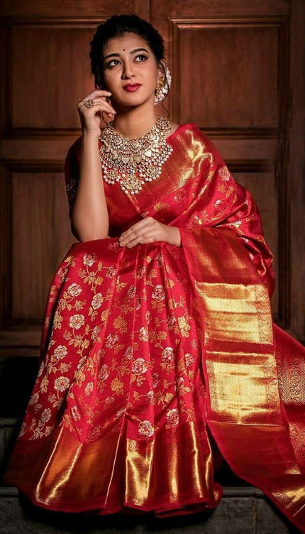 Cantaloupe Red Banarasi Silk Saree