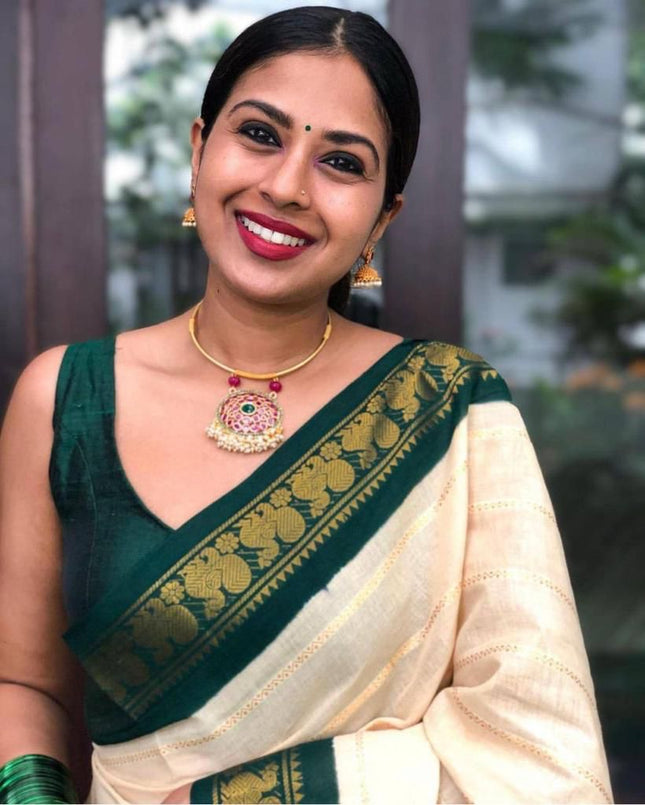 Valiba Beautiful Cream Banarasi Silk Saree