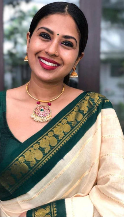Valiba Beautiful Cream Banarasi Silk Saree