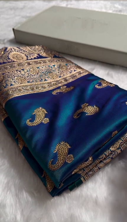 Royal Peacock Blue Banarasi Silk Saree with Antique Gold Paisley Zari Work
