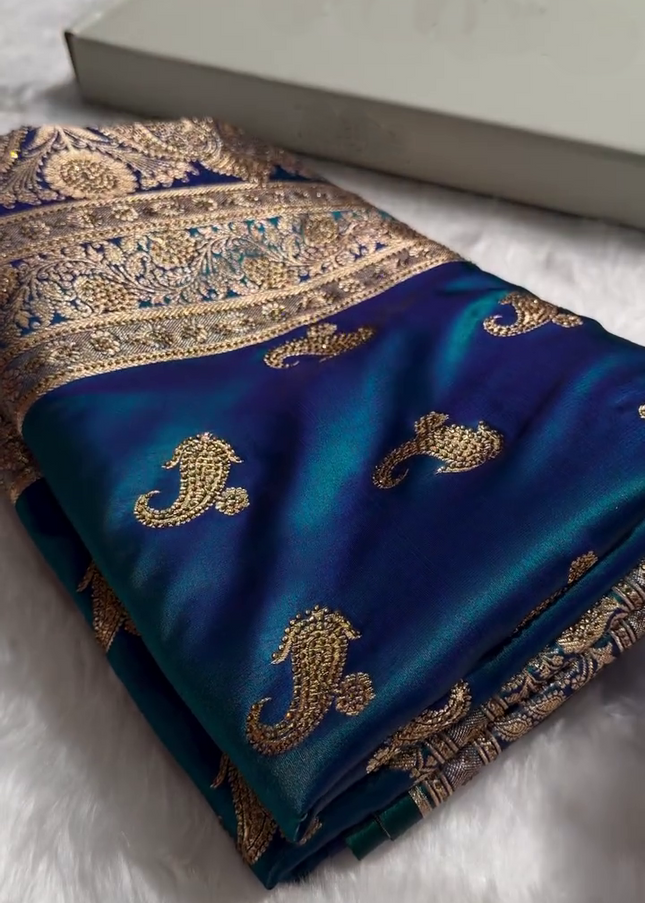 Royal Peacock Blue Banarasi Silk Saree with Antique Gold Paisley Zari Work