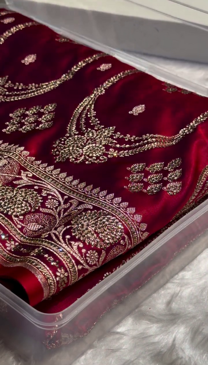 Regal Crimson Red Banarasi Silk Saree with Antique Gold Bridal Zari Work