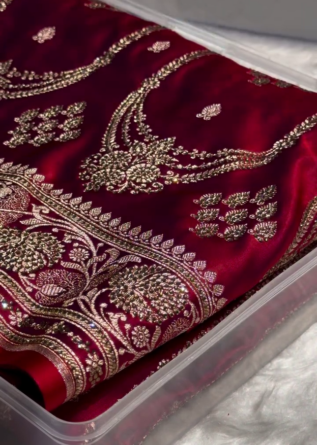 Regal Crimson Red Banarasi Silk Saree with Antique Gold Bridal Zari Work