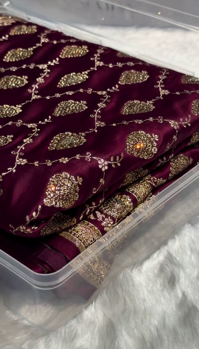 Royal Wine Purple Banarasi Silk Saree with Antique Gold Zari Jaal Work