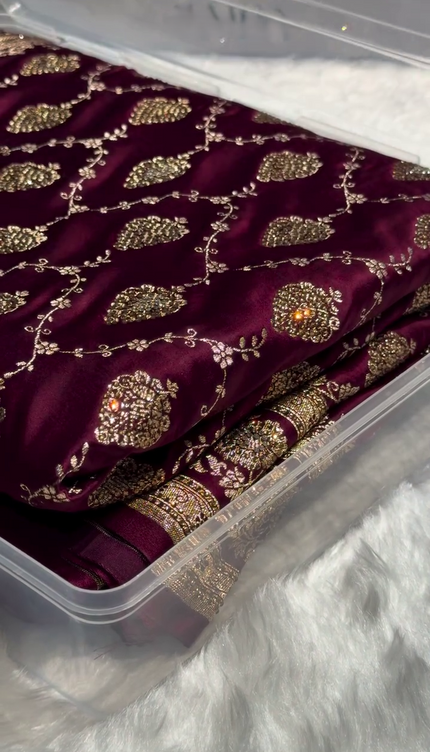 Royal Wine Purple Banarasi Silk Saree with Antique Gold Zari Jaal Work