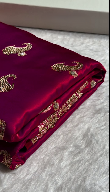 Deep Ruby Red Banarasi Silk Saree with Antique Gold Paisley Zari Work