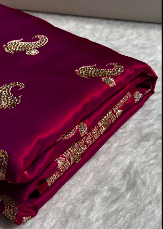 Deep Ruby Red Banarasi Silk Saree with Antique Gold Paisley Zari Work