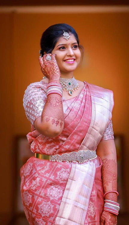 Halcyon Pink Woven Banarasi Silk Saree
