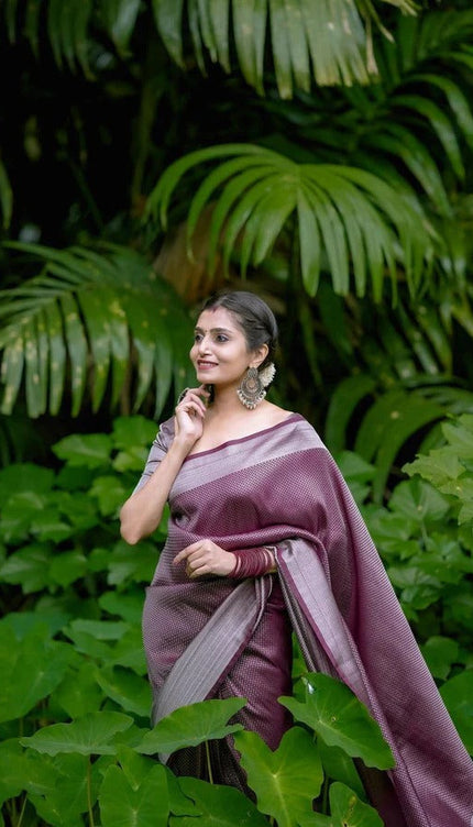 Vinika Brown Soft Kanjivaram Silk Drape with Unique Blouse Piece-Valmika