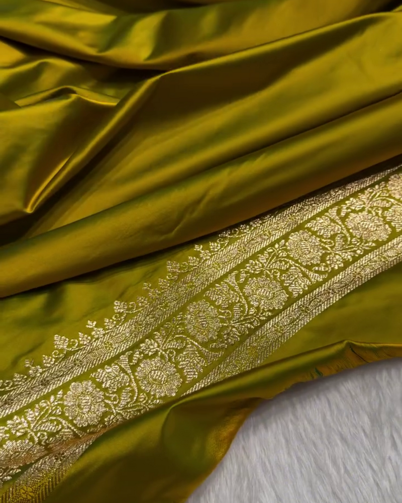 Kalyani – Green Banarasi Katan Satin Silk Saree with Golden Zari Weaving