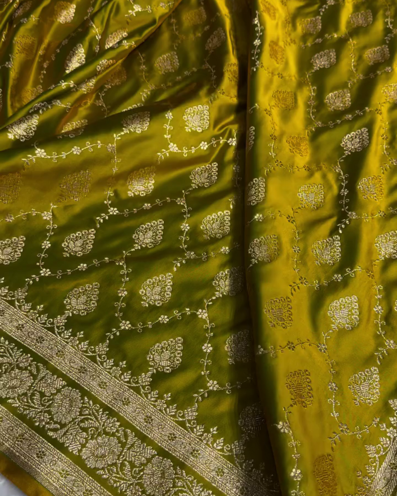 Kalyani – Green Banarasi Katan Satin Silk Saree with Golden Zari Weaving