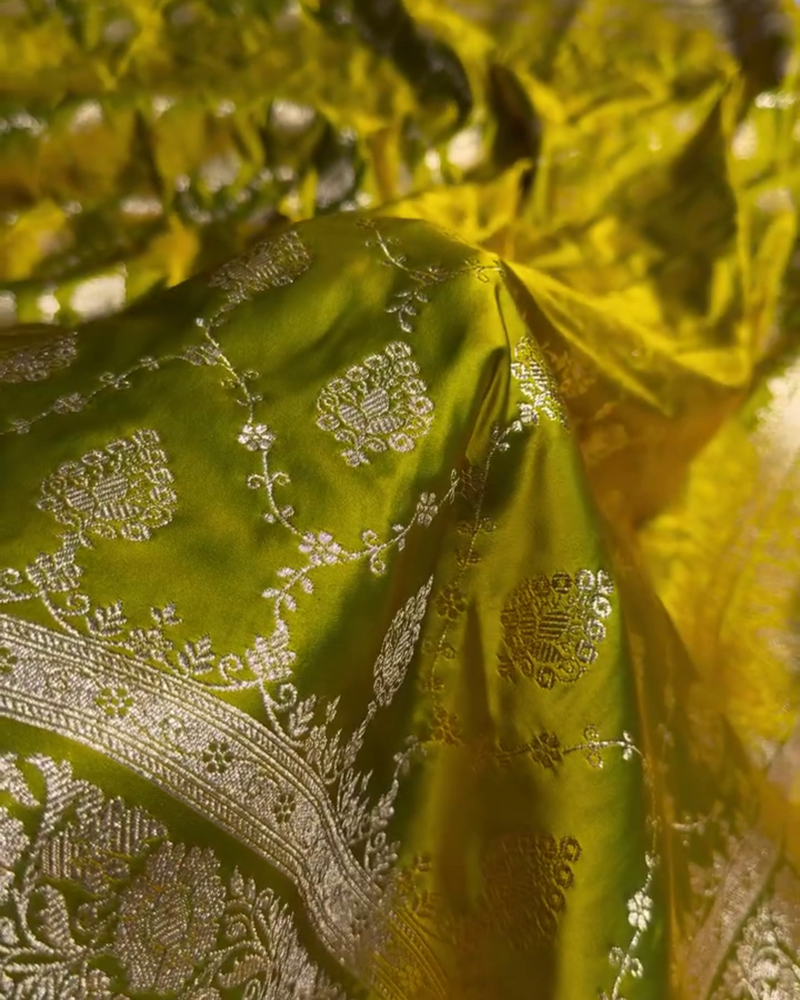 Kalyani – Green Banarasi Katan Satin Silk Saree with Golden Zari Weaving