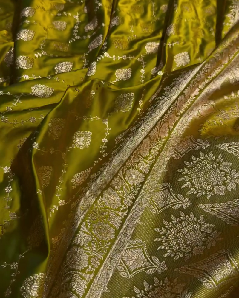 Kalyani – Green Banarasi Katan Satin Silk Saree with Golden Zari Weaving