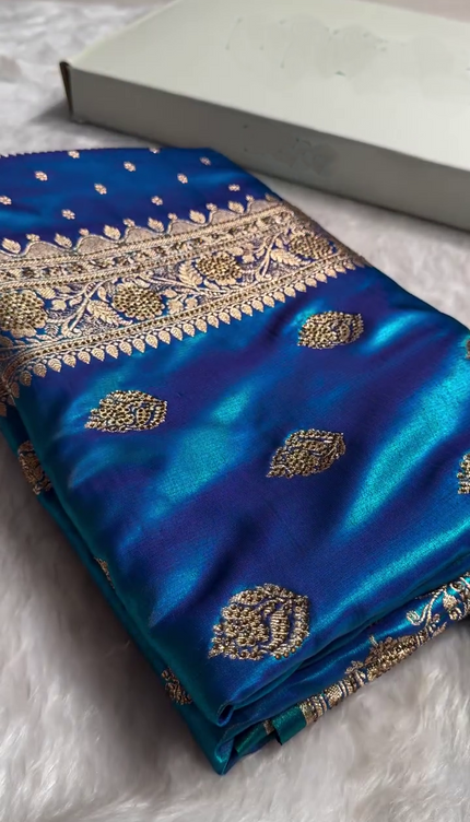 Royal Sapphire Blue Banarasi Silk Saree with Antique Gold Zari Butti Work