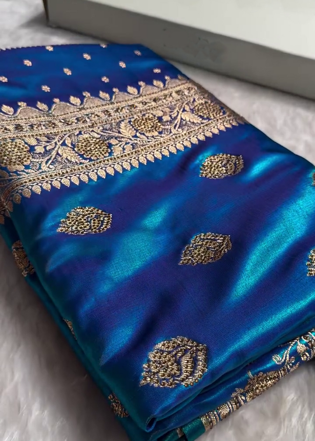 Royal Sapphire Blue Banarasi Silk Saree with Antique Gold Zari Butti Work
