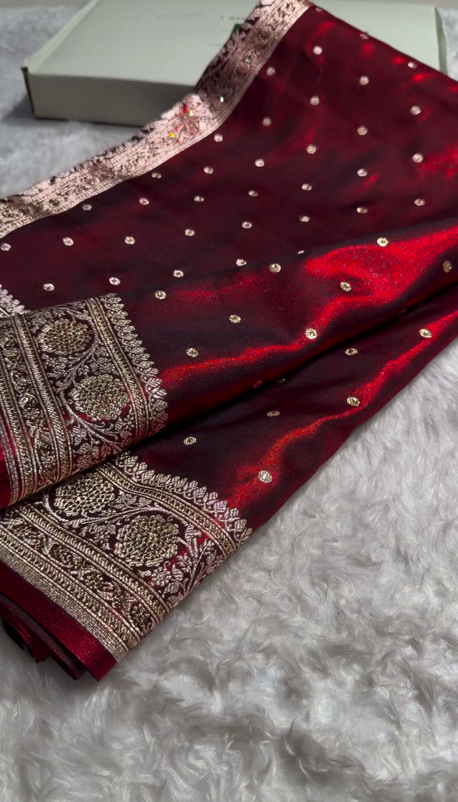 Royal Maroon Banarasi Silk Saree with Antique Gold Dot Butti