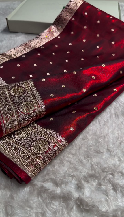 Royal Maroon Banarasi Silk Saree with Antique Gold Dot Butti