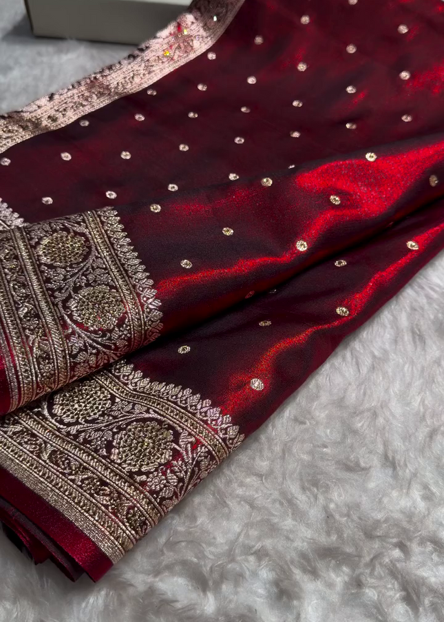 Royal Maroon Banarasi Silk Saree with Antique Gold Dot Butti