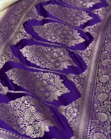 Shantika – White Banarasi Katan Satin Silk Saree with Purple Zari Weaving