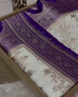 Shantika – White Banarasi Katan Satin Silk Saree with Purple Zari Weaving