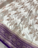 Shantika – White Banarasi Katan Satin Silk Saree with Purple Zari Weaving