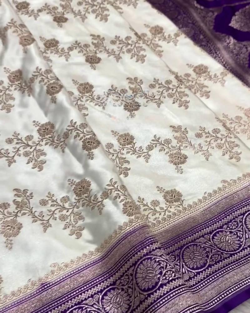 Shantika – White Banarasi Katan Satin Silk Saree with Purple Zari Weaving