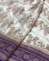 Shantika – White Banarasi Katan Satin Silk Saree with Purple Zari Weaving