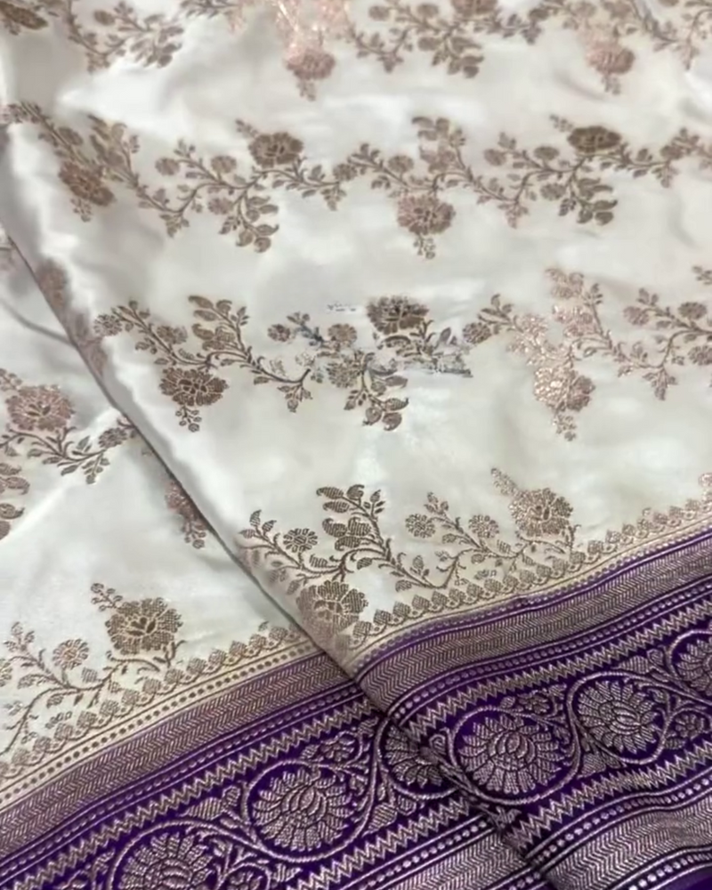 Shantika – White Banarasi Katan Satin Silk Saree with Purple Zari Weaving