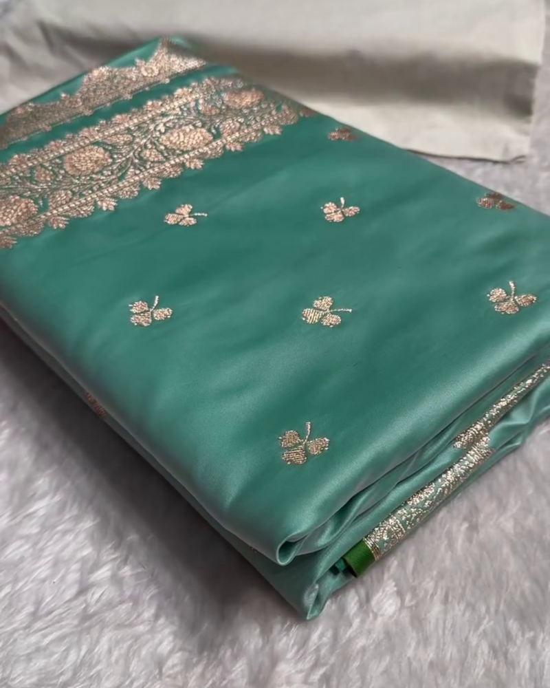 Urmila – Green Banarasi Semi-Katan Silk Saree with Golden Zari Butta and Broad Border