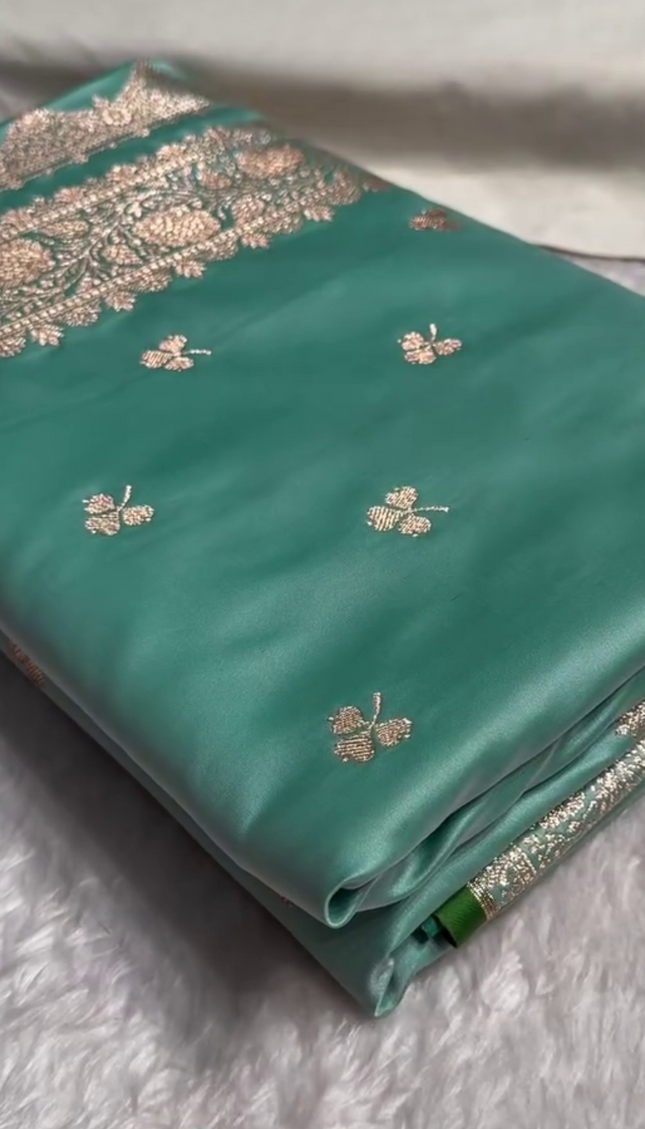 Urmila – Green Banarasi Semi-Katan Silk Saree with Golden Zari Butta and Broad Border