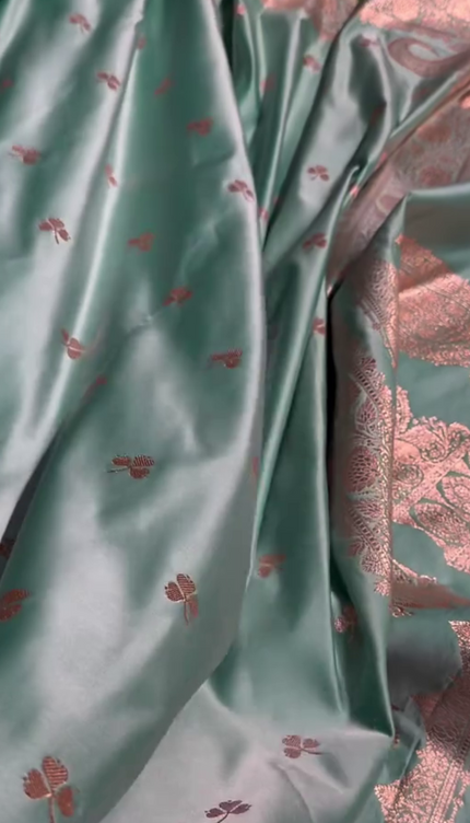Urmila – Green Banarasi Semi-Katan Silk Saree with Golden Zari Butta and Broad Border