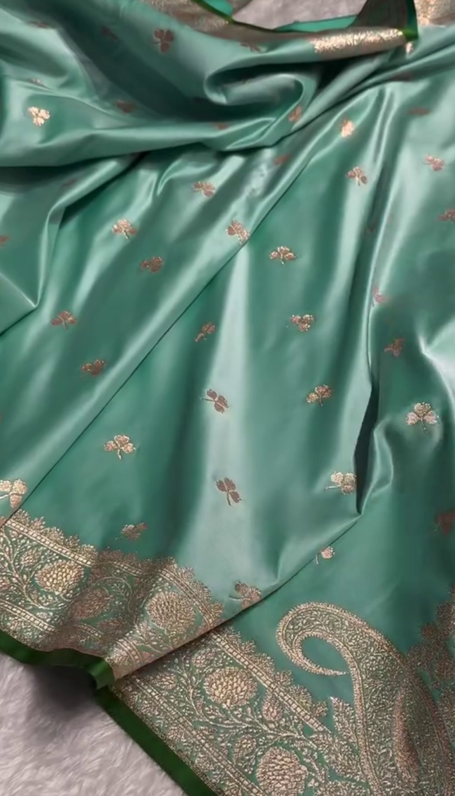 Urmila – Green Banarasi Semi-Katan Silk Saree with Golden Zari Butta and Broad Border