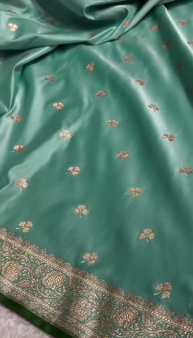 Urmila – Green Banarasi Semi-Katan Silk Saree with Golden Zari Butta and Broad Border