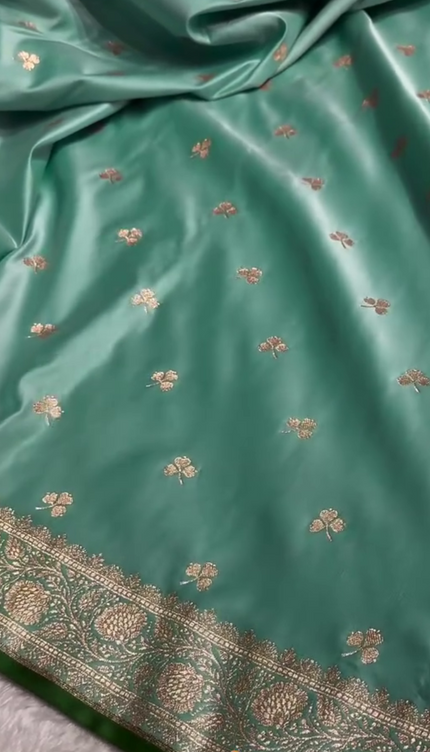 Urmila – Green Banarasi Semi-Katan Silk Saree with Golden Zari Butta and Broad Border
