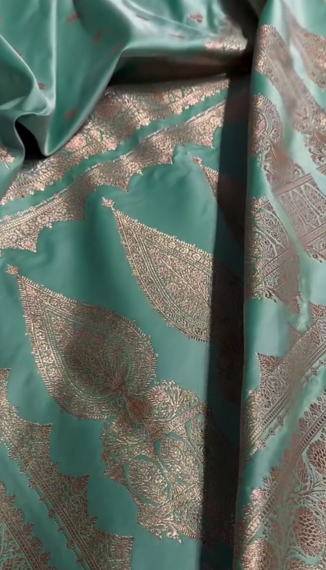 Urmila – Green Banarasi Semi-Katan Silk Saree with Golden Zari Butta and Broad Border