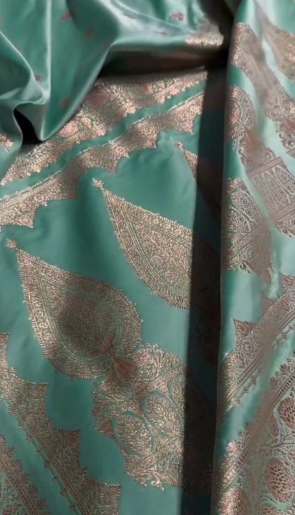 Urmila – Green Banarasi Semi-Katan Silk Saree with Golden Zari Butta and Broad Border