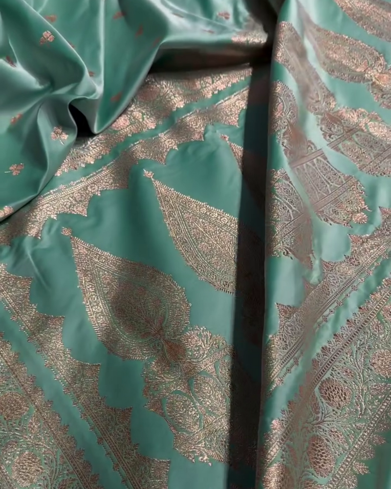 Urmila – Green Banarasi Semi-Katan Silk Saree with Golden Zari Butta and Broad Border