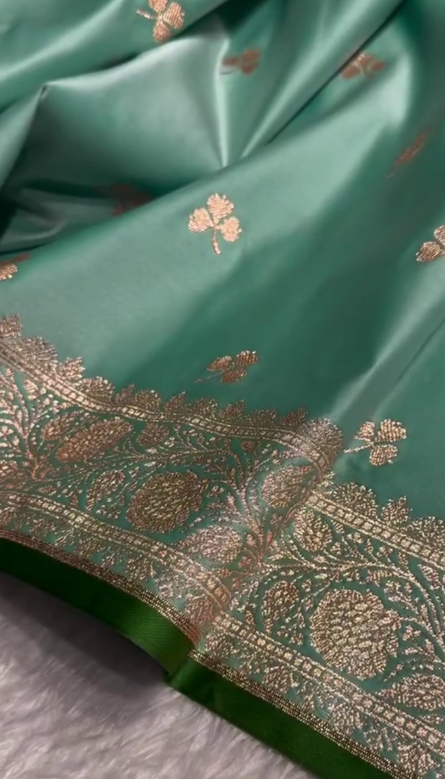 Urmila – Green Banarasi Semi-Katan Silk Saree with Golden Zari Butta and Broad Border
