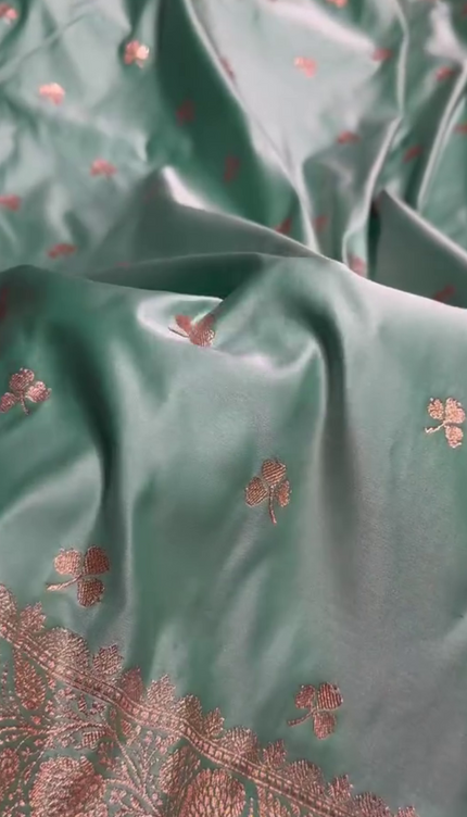 Urmila – Green Banarasi Semi-Katan Silk Saree with Golden Zari Butta and Broad Border