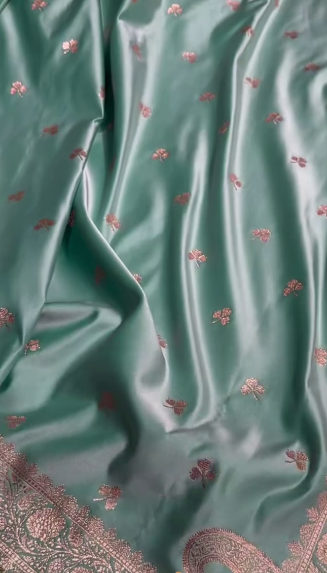 Urmila – Green Banarasi Semi-Katan Silk Saree with Golden Zari Butta and Broad Border