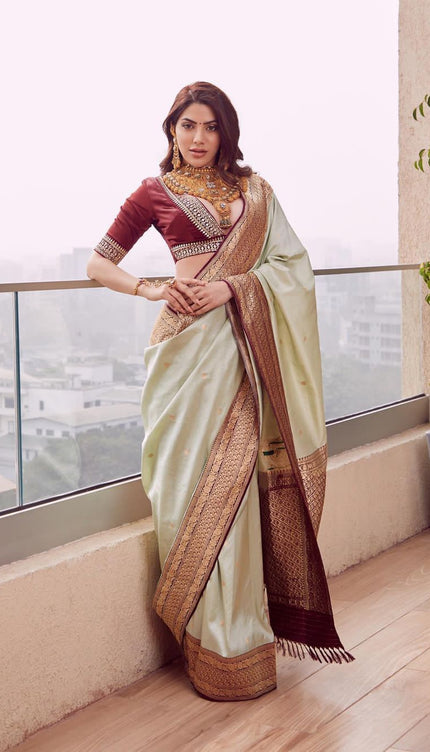 Pastel White Banarasi Silk Saree