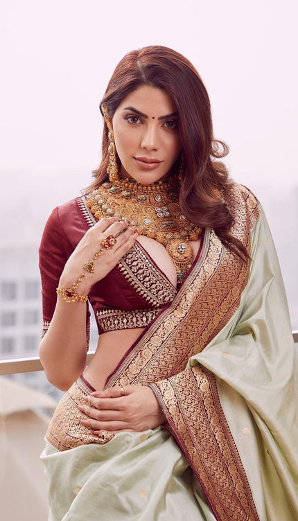 Pastel White Banarasi Silk Saree