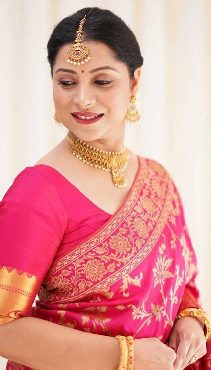 Carmine Pink Banarasi Silk Saree