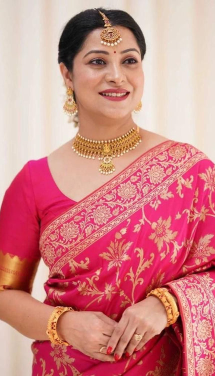 Carmine Pink Banarasi Silk Saree