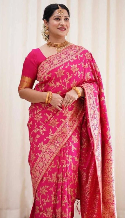 Carmine Pink Banarasi Silk Saree