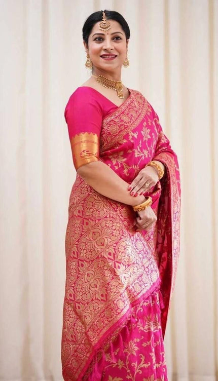 Carmine Pink Banarasi Silk Saree